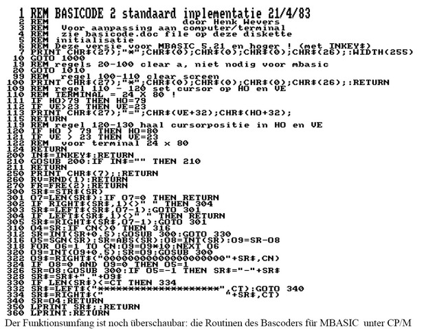 Der Funktionsumfang ist noch überschaubar: Die Routinen des Bascoders für MBASIC unter CP/M